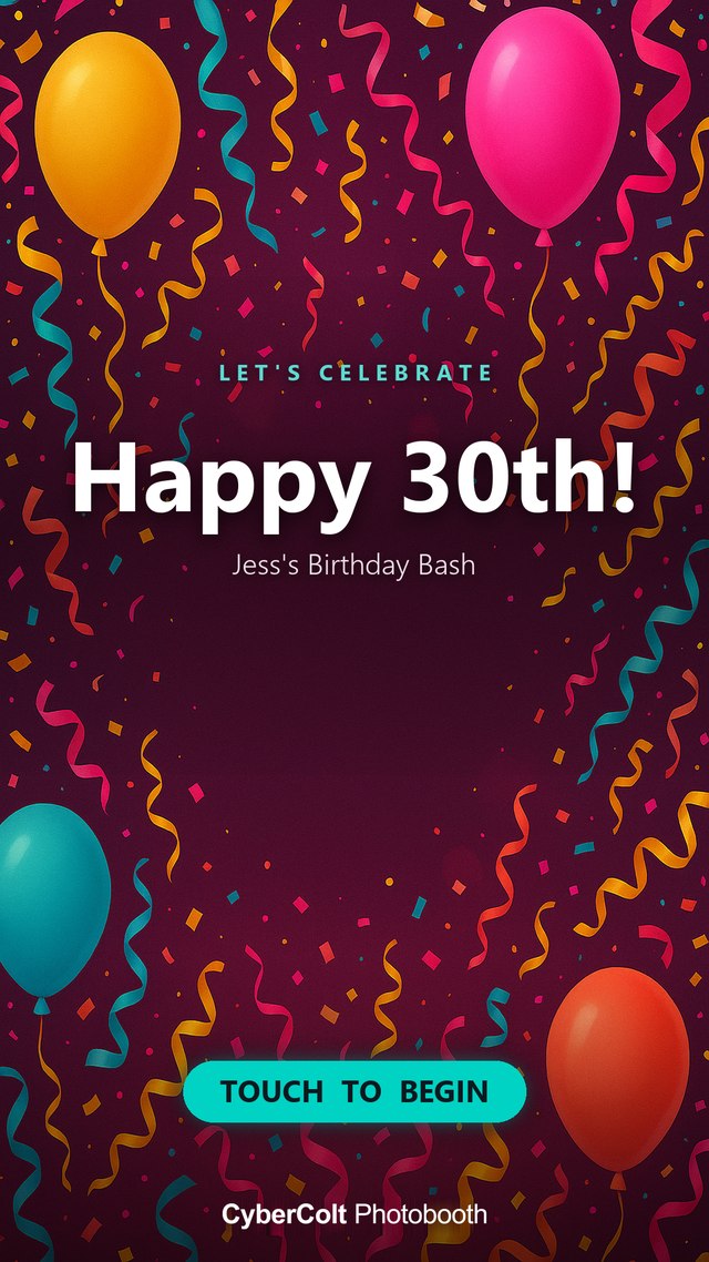 Birthday party photo booth welcome screen example
