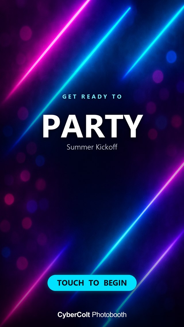 Neon party photo booth welcome screen example