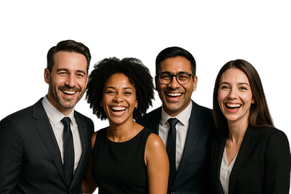 A professional group in business attire posing in front of a branded step-and-repeat backdrop