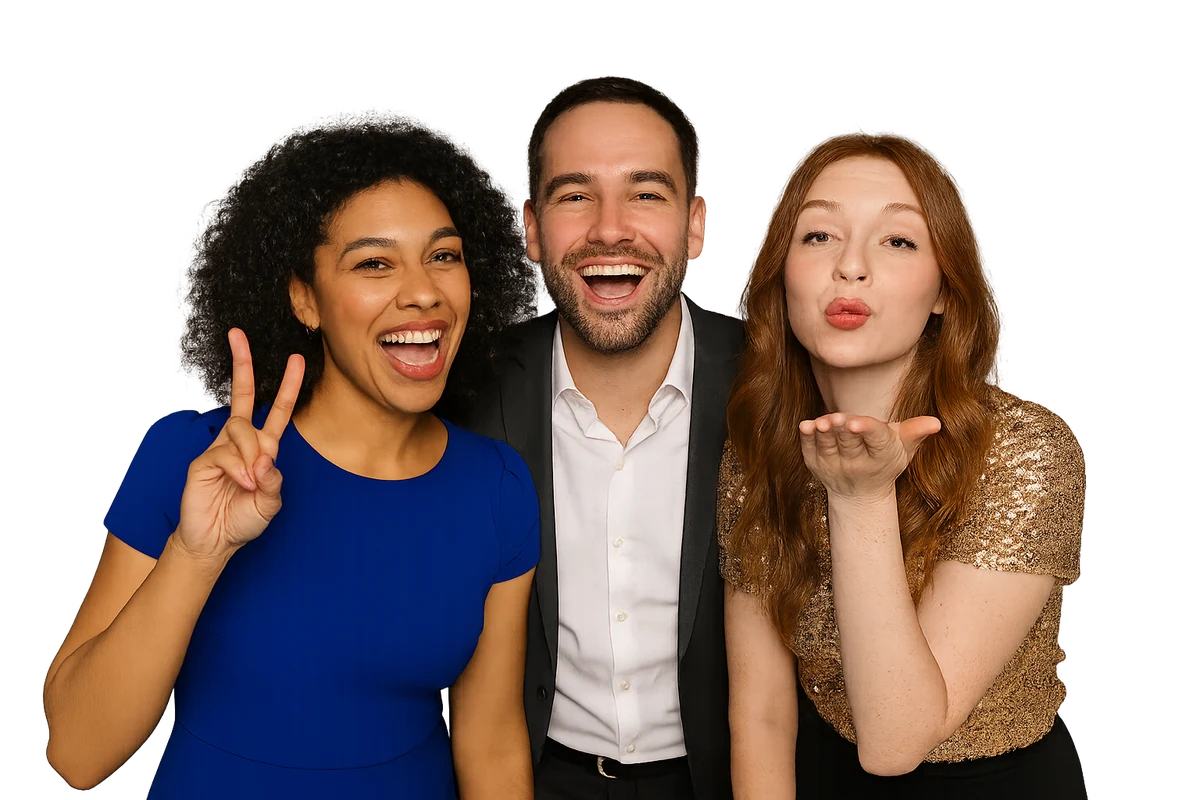 Three guests posing in front of changing digital backdrops