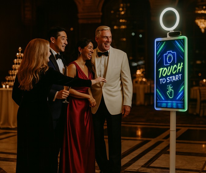 CyberColt open-air photobooth — a freestanding touchscreen pedestal set up at an event venue